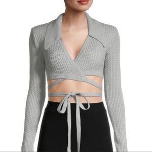 Danielle Bernstein Gray Cropped Waist Tie Wrap Sweater